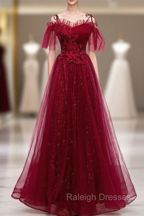 Dark Burgundy Tulle Spaghetti Straps Appliques Beading Prom Dress