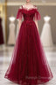 Dark Burgundy Tulle Spaghetti Straps Appliques Beading Prom Dress
