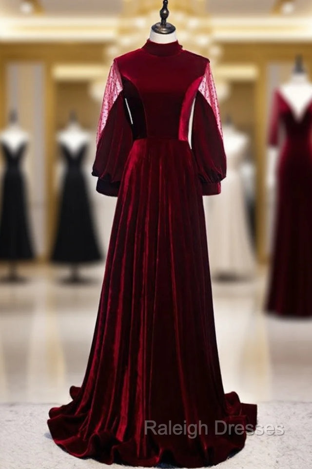 Dark Burgundy Velvet High Neck Long Sleeve Prom Dress With Bow Main image