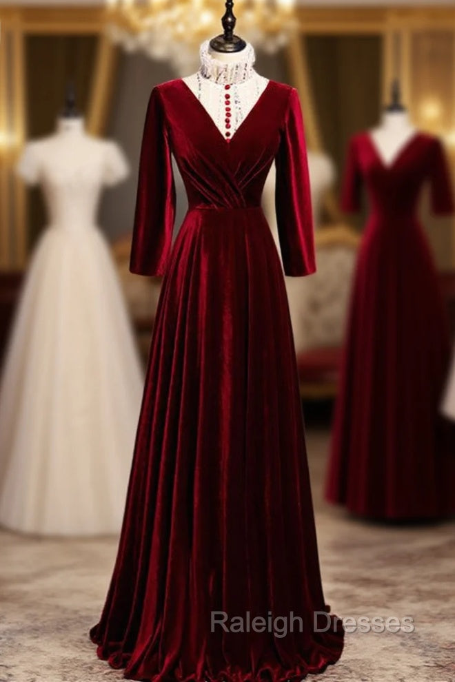 Dark Burgundy Velvet High Neck Long Sleeve Prom Dress