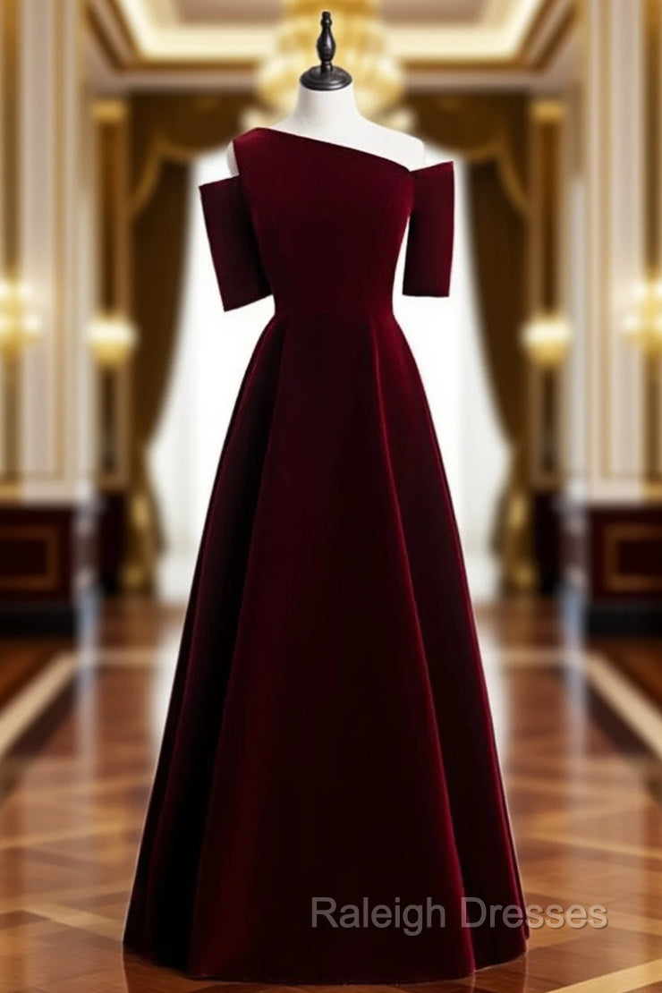 Dark Burgundy Velvet Irregular Neck Short Sleeve Prom Dress Main image