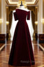Dark Burgundy Velvet Irregular Neck Short Sleeve Prom Dress