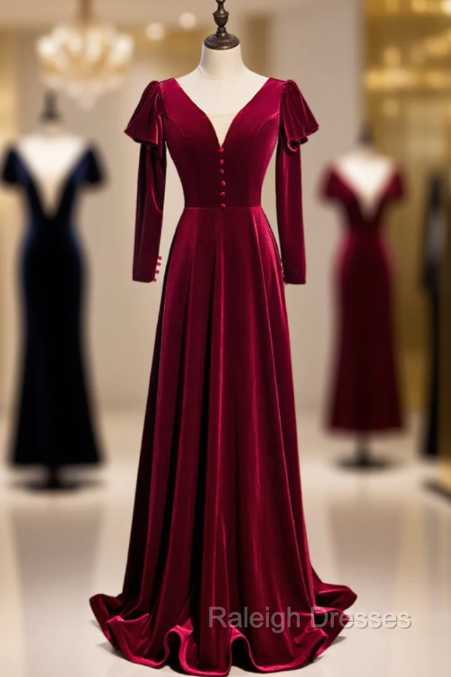 Dark Burgundy Velvet Long Sleeve V-neck Button Prom Dress Main image