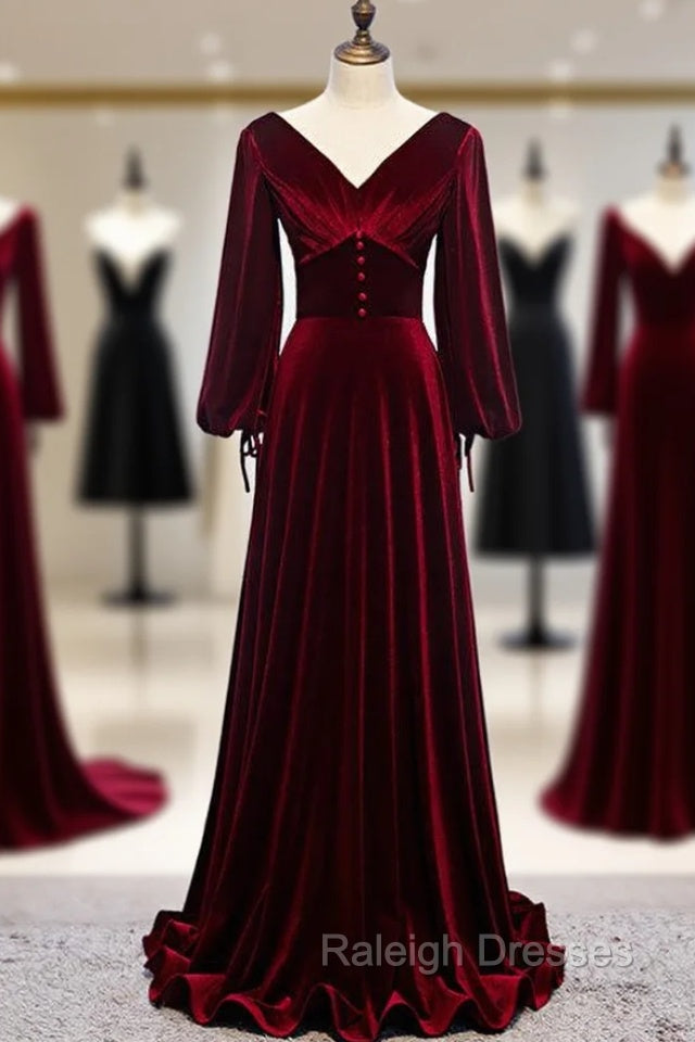 Dark Burgundy Velvet Long Sleeve V-neck Pleats Prom Dress