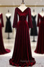 Dark Burgundy Velvet Long Sleeve V-neck Pleats Prom Dress
