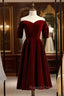 Dark Burgundy Velvet Off the Shoulder Short Sleeve Prom Dress