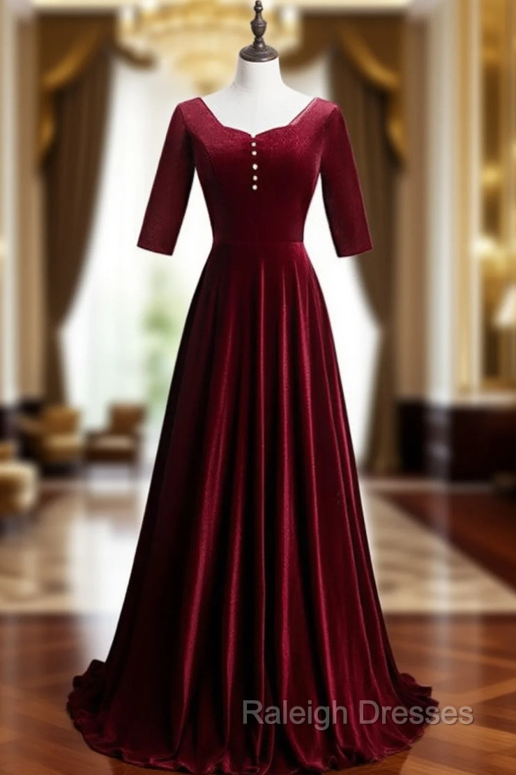 Dark Burgundy Velvet Short Sleeve Prom Dress With Pearls Main image