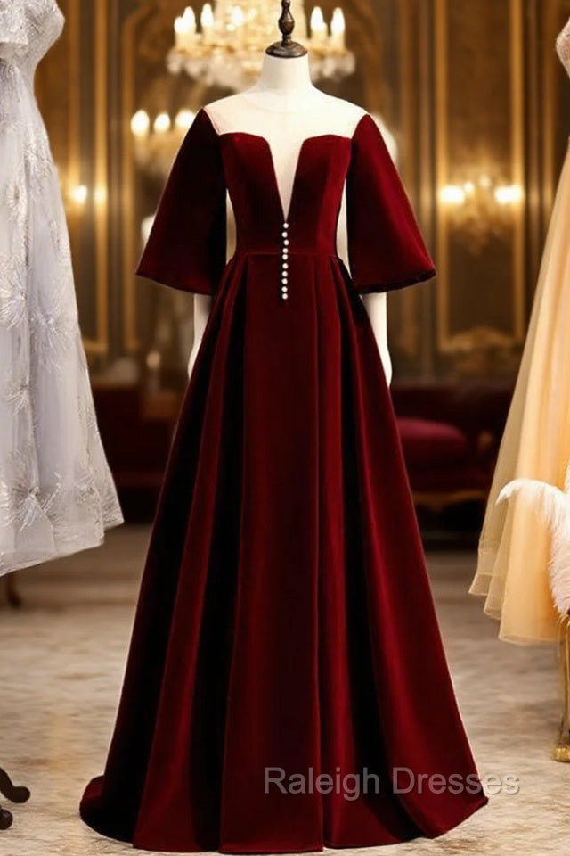 Dark Burgundy Velvet Short Sleeve See Through V-neck Prom Dress