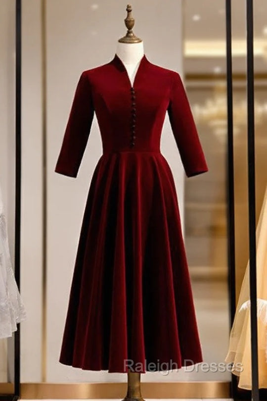 Dark Burgundy Velvet Short Sleeve Short Prom Dress With Bow