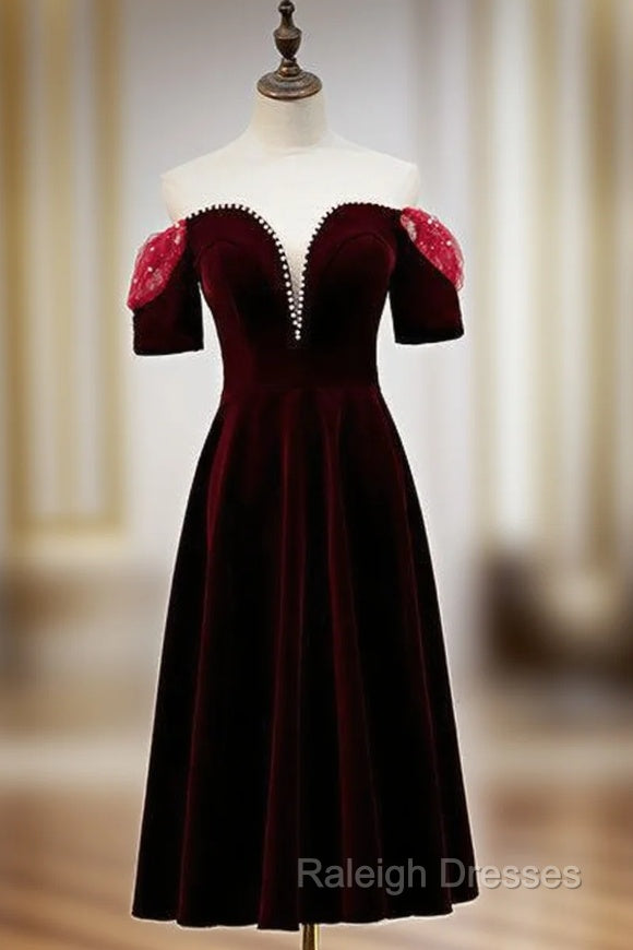 Dark Burgundy Velvet Short Sleeve Tea Length Prom Dress