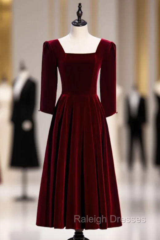 Dark Burgundy Velvet Square Half Sleeve Tea Length Prom Dress