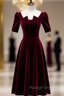 Dark Burgundy Velvet Square Short Sleeve Short Prom Dress