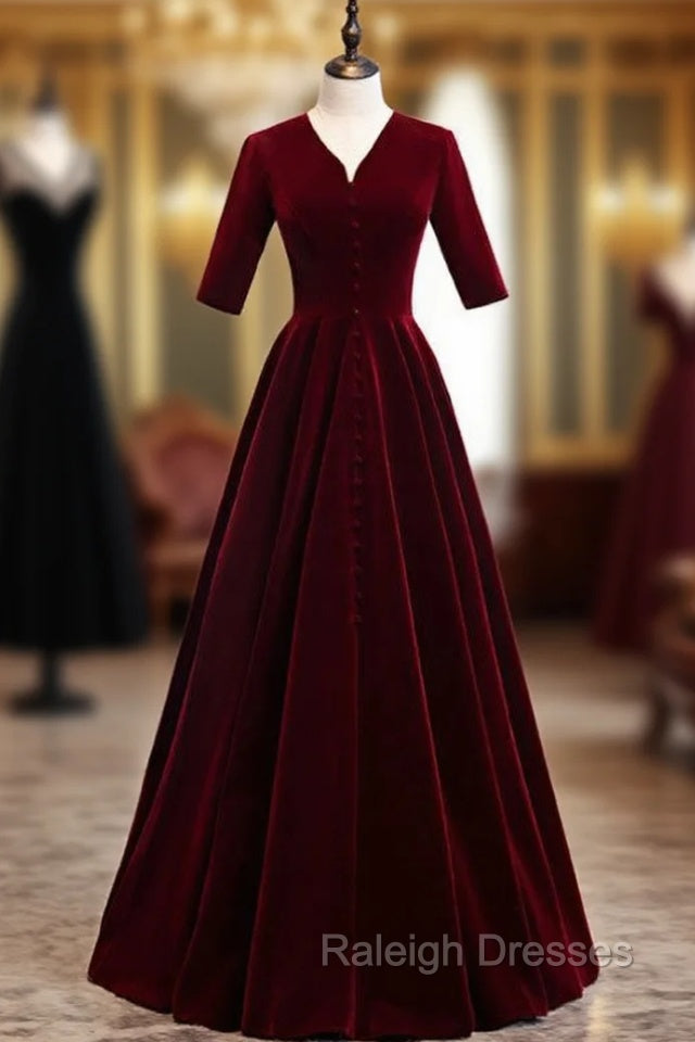 Dark Burgundy Velvet V Neck Short Sleeve Prom Dress