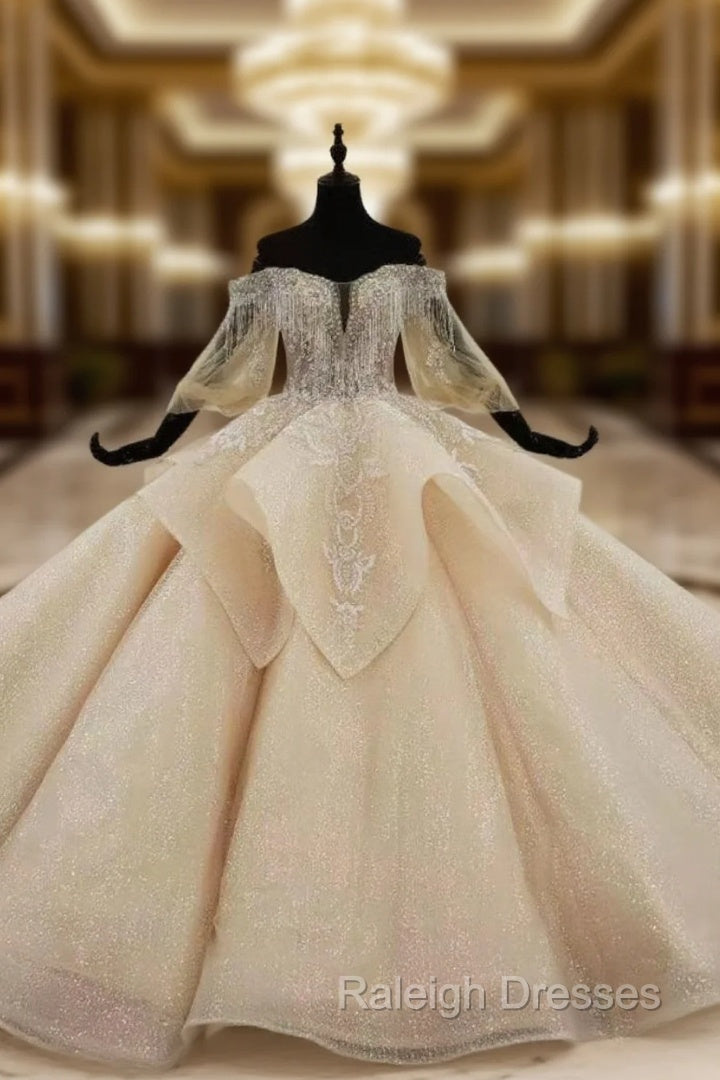 Dark Champagne Tulle Off the Shoulder Puff Sleeve Beading Wedding Dress Main image