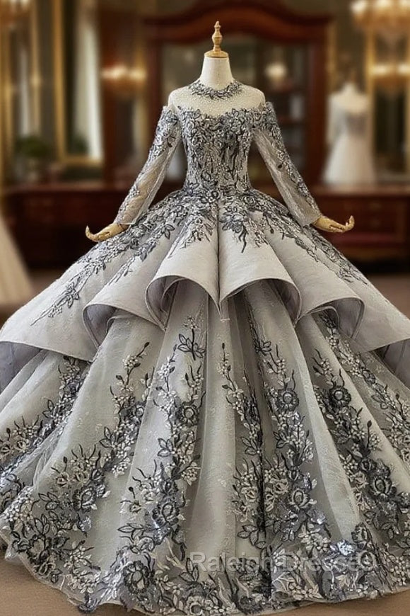 Dark Gray Ball Gowns Tulle Embroidery Appliques Long Sleeve Wedding Dress Main image