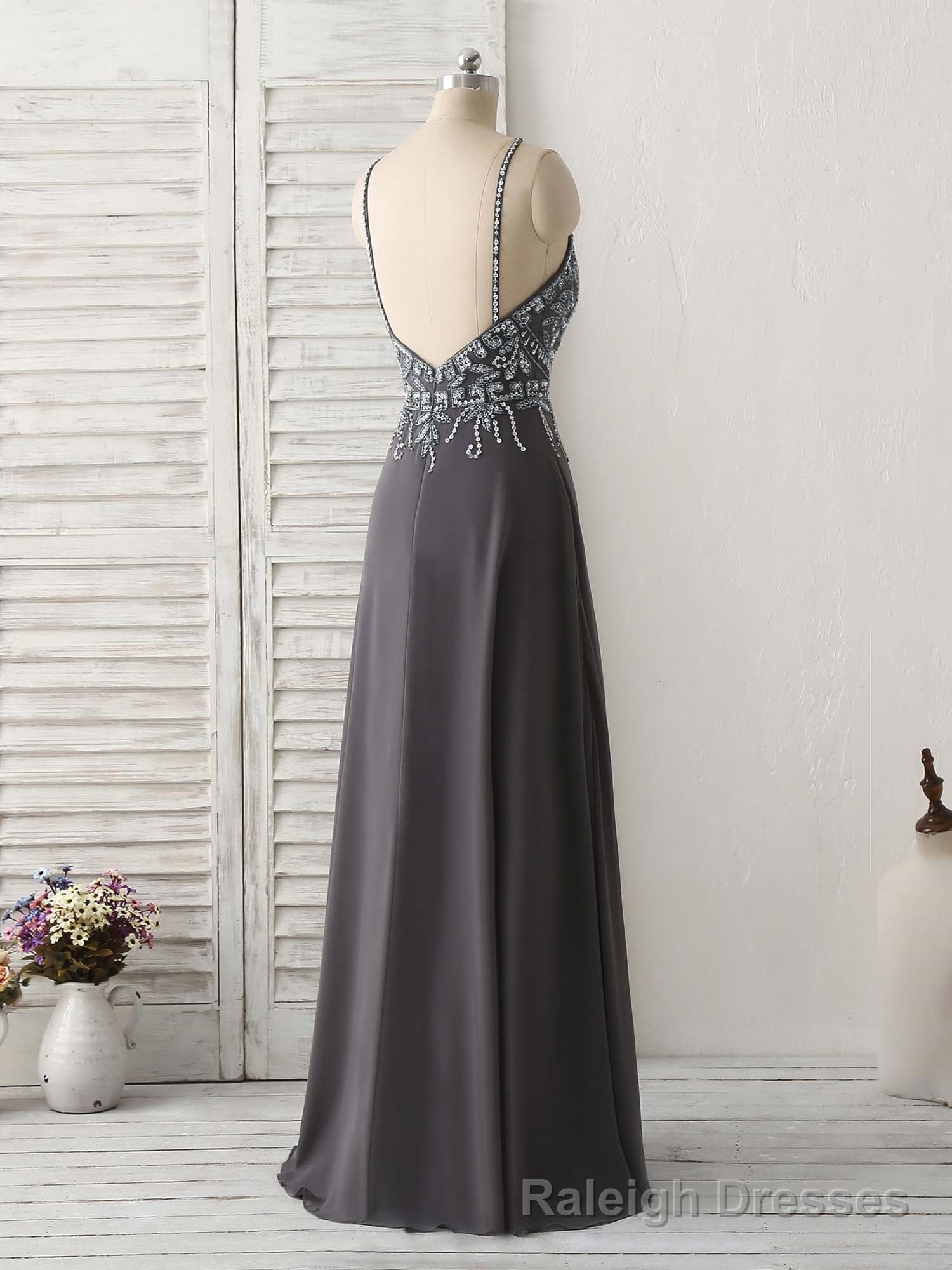 Dark Gray Sequin Beads Long Prom Dress Backless Evening Dress