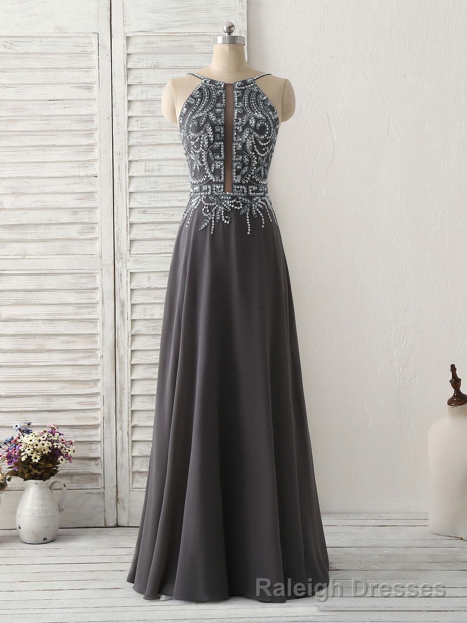Dark Gray Sequin Beads Long Prom Dress Backless Evening Dress