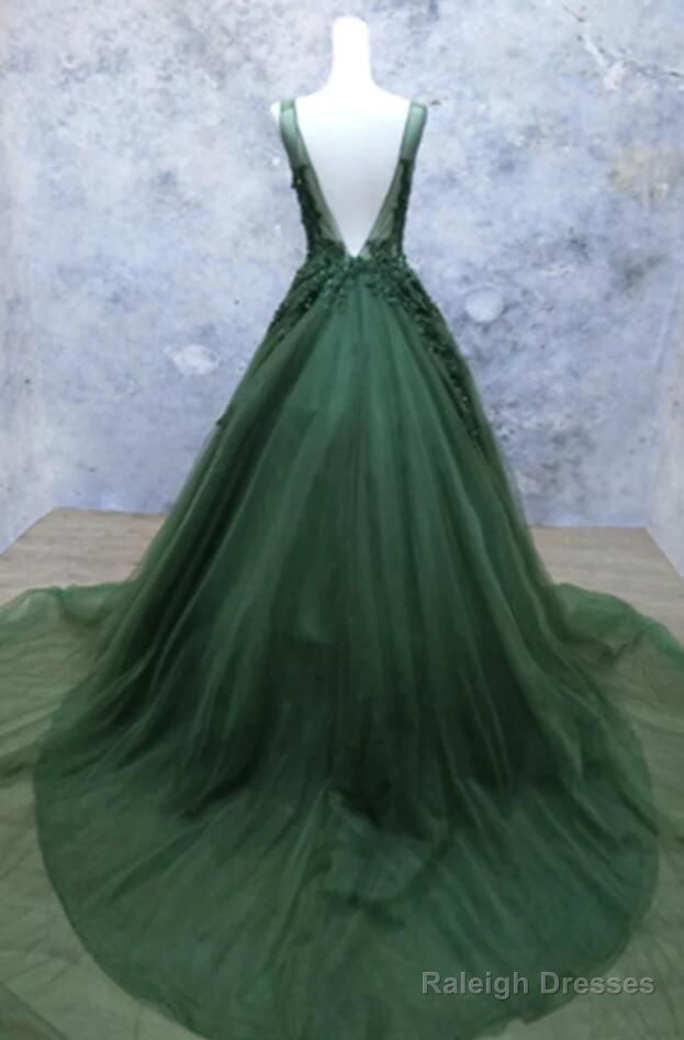 Dark Green A Line Backless Prom Dresses V Neck Appliqued Beaded Formal Dress