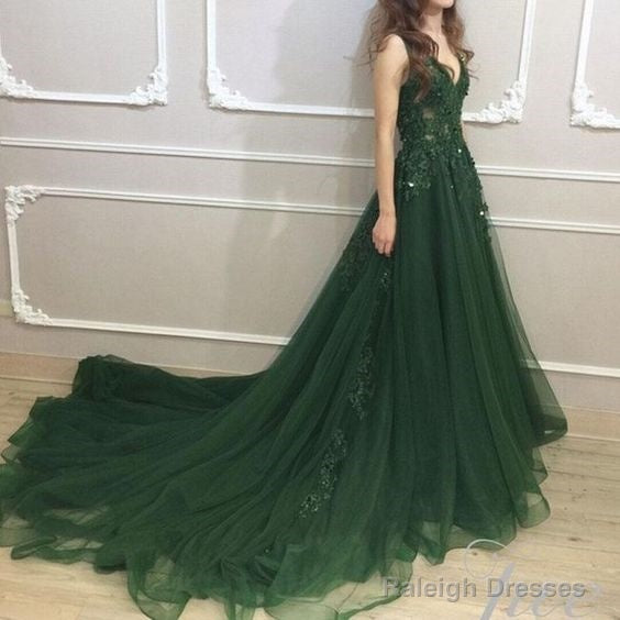 Dark Green A Line Backless Prom Dresses V Neck Appliqued Beaded Formal Dress