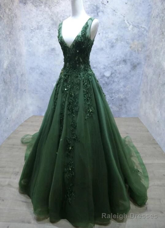 Dark Green A Line Backless Prom Dresses V Neck Appliqued Beaded Formal Dress