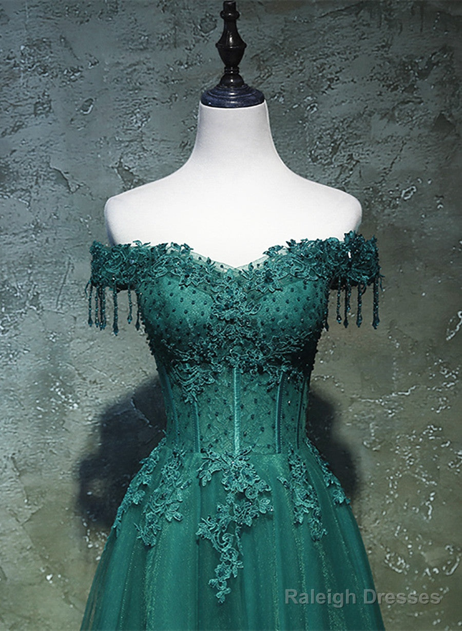 Dark Green A-Line Beaded Long Party Dress, Sweetheart Tulle Green Prom Dress Secondary image