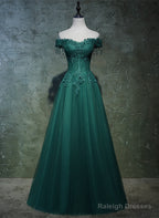 Dark Green A-Line Beaded Long Party Dress, Sweetheart Tulle Green Prom Dress
