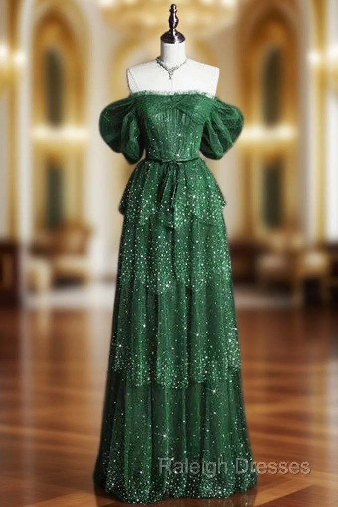 Dark Green A Line Off-the-shoulder Layered Shiny Tulle Prom Dress