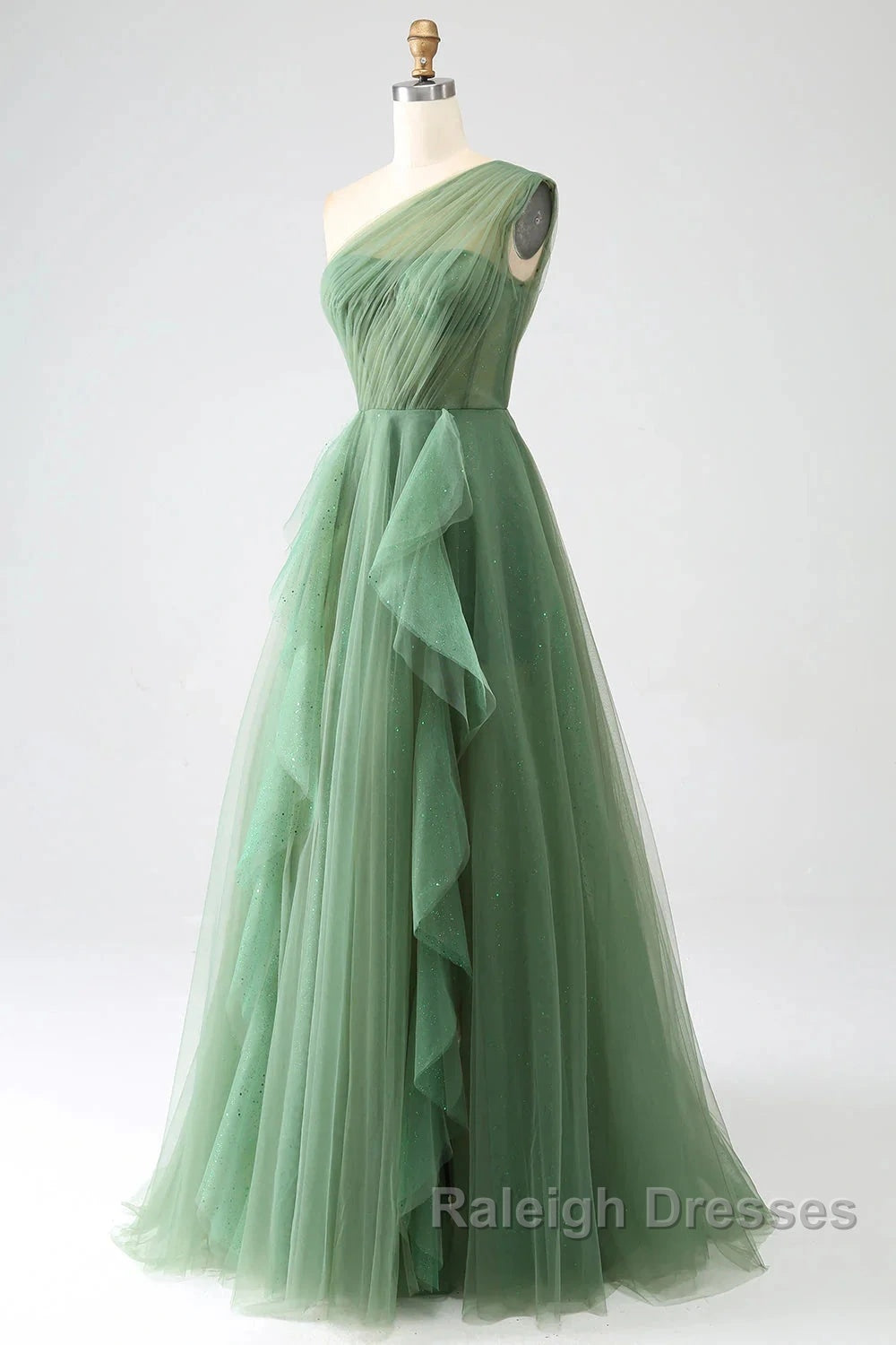 Dark Green A-Line One-Shoulder Sequins Tulle Long Prom Dress