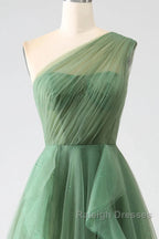 Dark Green A-Line One-Shoulder Sequins Tulle Long Prom Dress