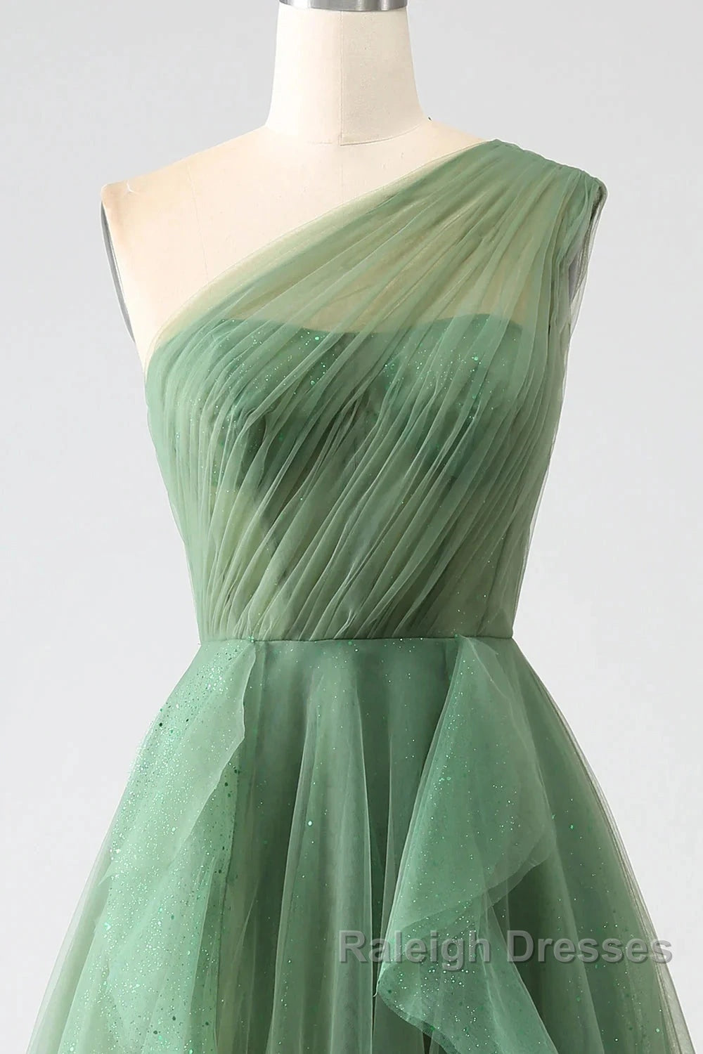 Dark Green A-Line One-Shoulder Sequins Tulle Long Prom Dress