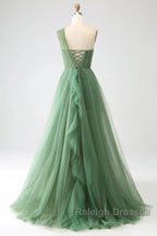 Dark Green A-Line One-Shoulder Sequins Tulle Long Prom Dress
