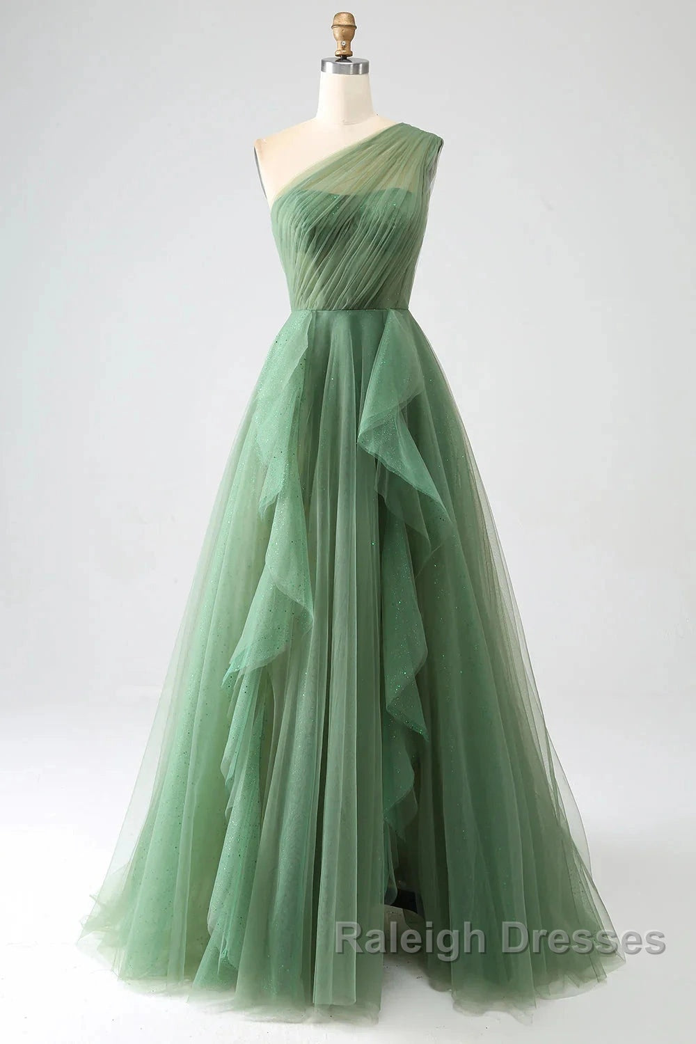 Dark Green A-Line One-Shoulder Sequins Tulle Long Prom Dress
