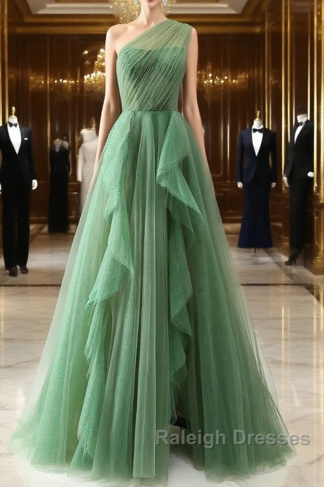 Dark Green A-Line One-Shoulder Sequins Tulle Long Prom Dress