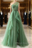Dark Green A-Line One-Shoulder Sequins Tulle Long Prom Dress