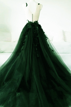 Dark Green A-Line Open Back Tulle Lace Floral Prom Dresses Green Long Prom Dresses