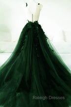 Dark Green A Line Open Back Tulle Lace Floral Formal Dress, Green Long Prom Dress