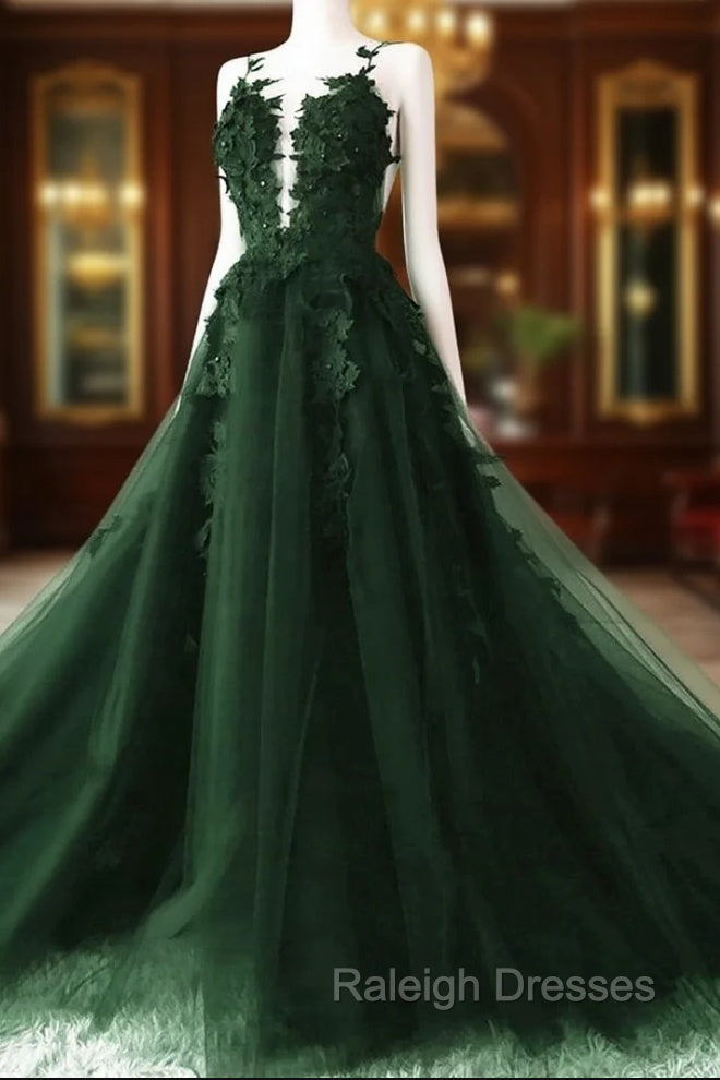 Dark Green A-Line Open Back Tulle Lace Floral Formal Dress, Green Long Prom Dress Main image