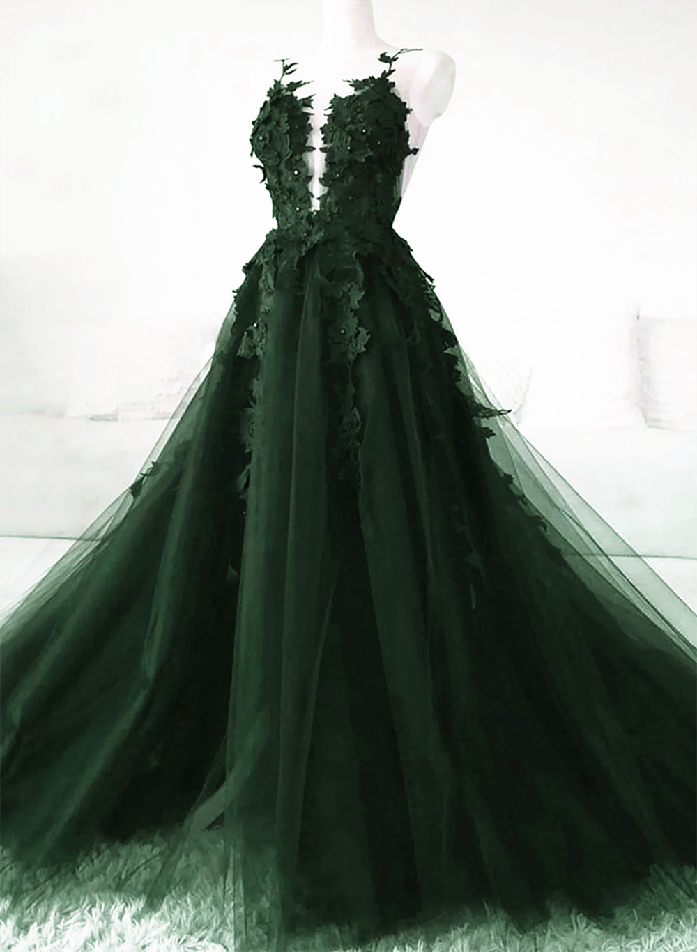Dark Green A-Line Open Back Tulle Lace Floral Prom Dresses Green Long Prom Dresses Main image