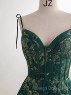 Dark Green A-Line Spaghetti Strap Satin Long Prom Dress Sweetheart Neckline Retro Bridal Dress