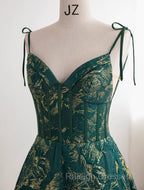 Dark Green A-Line Spaghetti Strap Satin Long Prom Dress Sweetheart Neckline Retro Bridal Dress