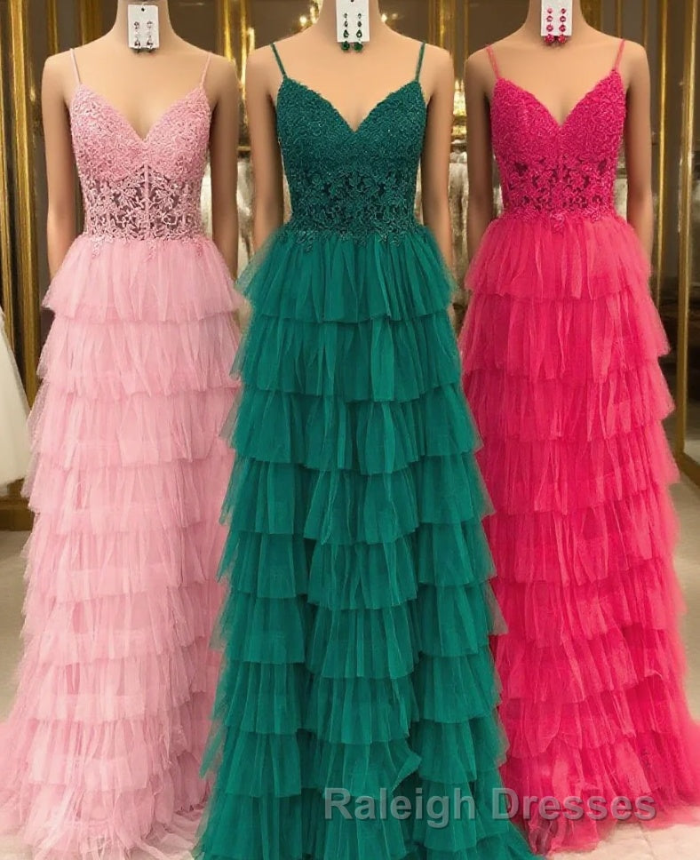 Dark Green A Line Tiered Tulle Prom Dresses Long with Lace Main image