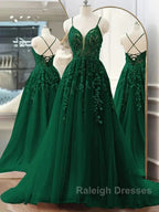 Dark Green A-Line Tulle Lace Prom Dresses Long V Neck Lace Prom Dresses