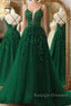 Dark Green A-Line Tulle Lace Prom Dresses Long V Neck Lace Prom Dresses