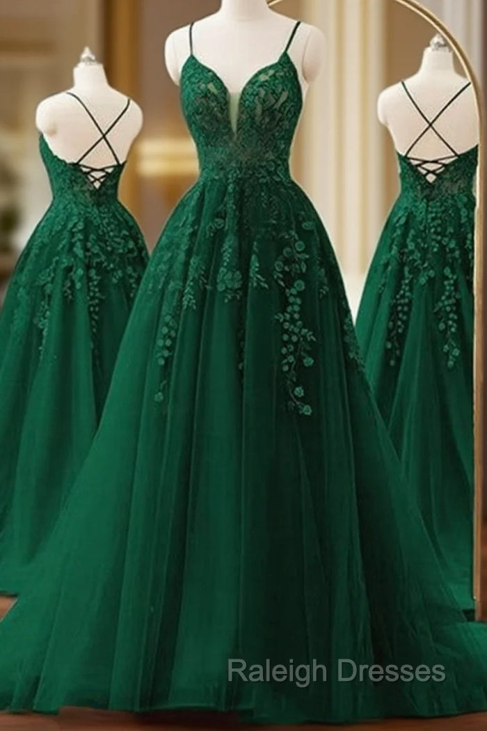 Dark Green A Line V Neckline Tulle and Lace Prom Dresses Green Long Prom Dresses Main image