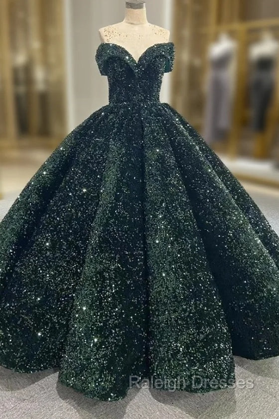 Dark Green Ball Gown Sequins Off the Shoulder Prom Dress