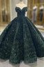 Dark Green Ball Gown Sequins Off the Shoulder Prom Dress