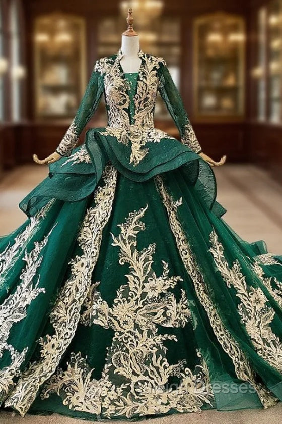 Dark Green Ball Gown Tulle Appliques V-neck Long Sleeve Wedding Dress