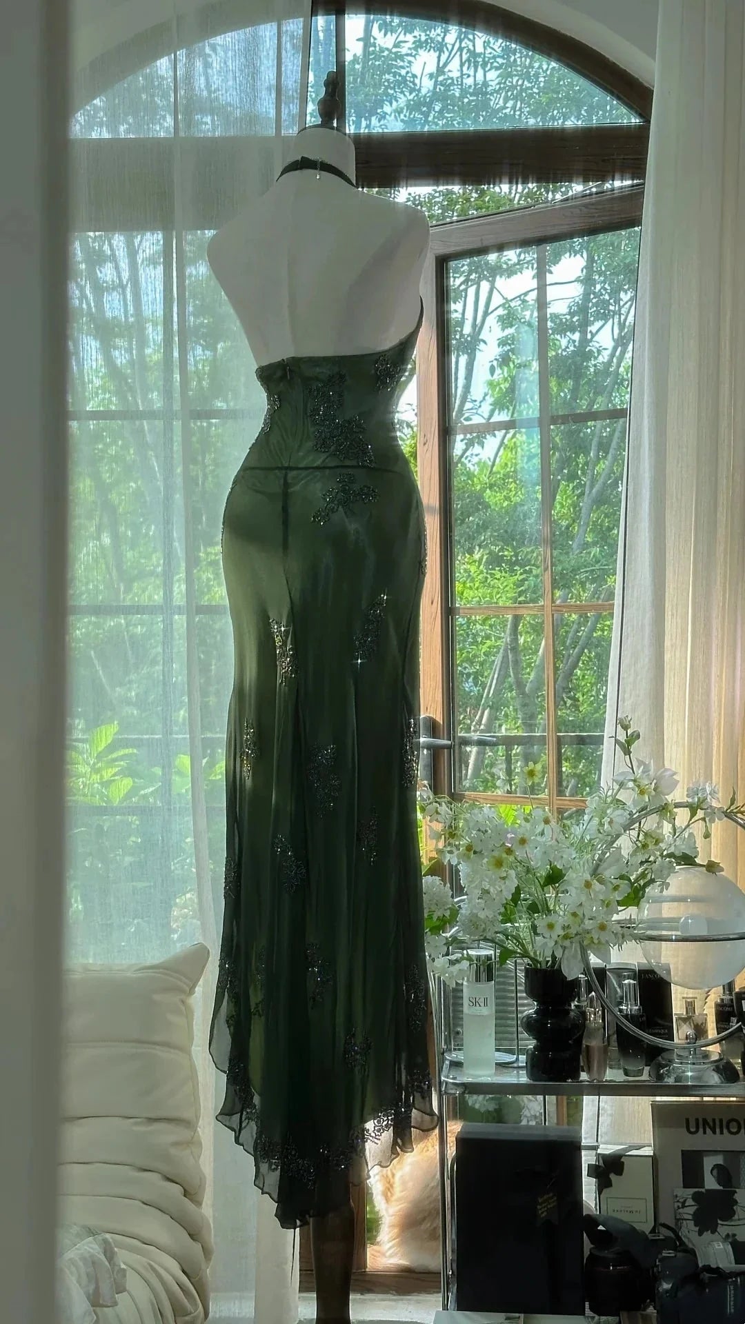 Dark Green Beaded Elegant Long Chiffon Ball Gown Evening Dress Party Dress