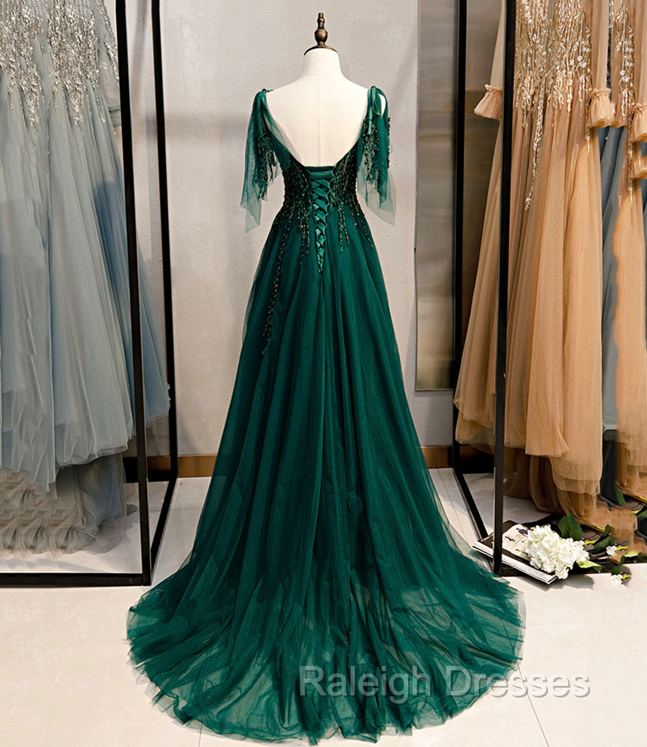 Dark Green Beaded Tulle Straps A-line Formal Dresses, Green Evening Dress Prom Dresses Secondary image
