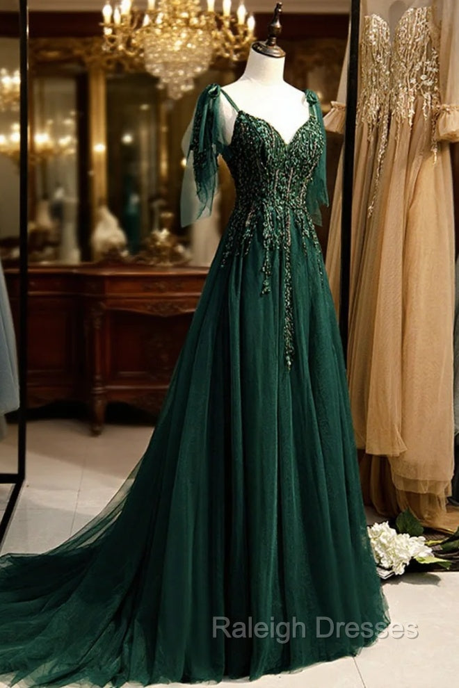 Dark Green Beaded Tulle Straps A Line Formal Dresses, Green Prom Dress